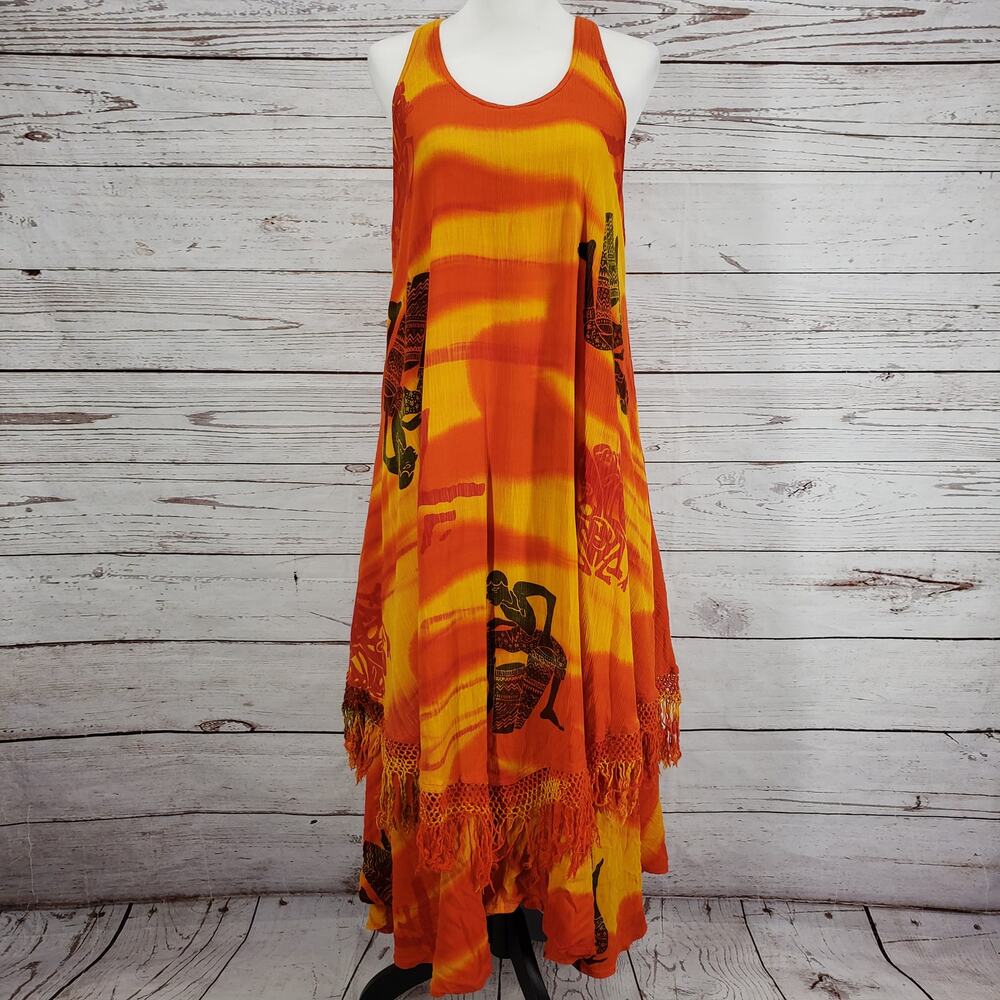 Sweet Lady Women's Yellow Orange Print Fringe Layered Maxi Dress One Size